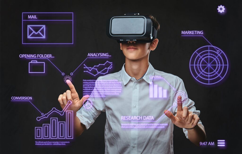 teenager dressed white t shirt using virtual reality glasses with graph charts numbers lines technology concept