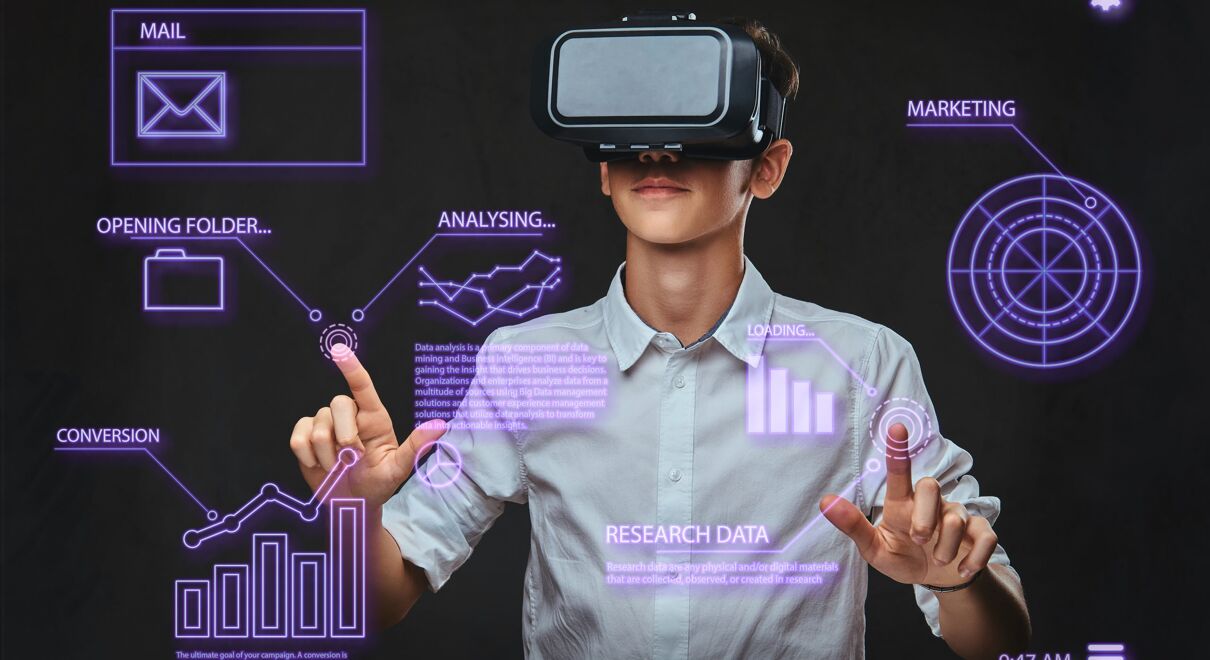 teenager dressed white t shirt using virtual reality glasses with graph charts numbers lines technology concept